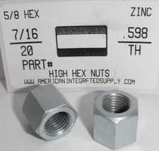 7/16-20 HIGH HEX NUTS STEEL ZINC PLATED 5/8 HEX x .598 THICK +/- (100)