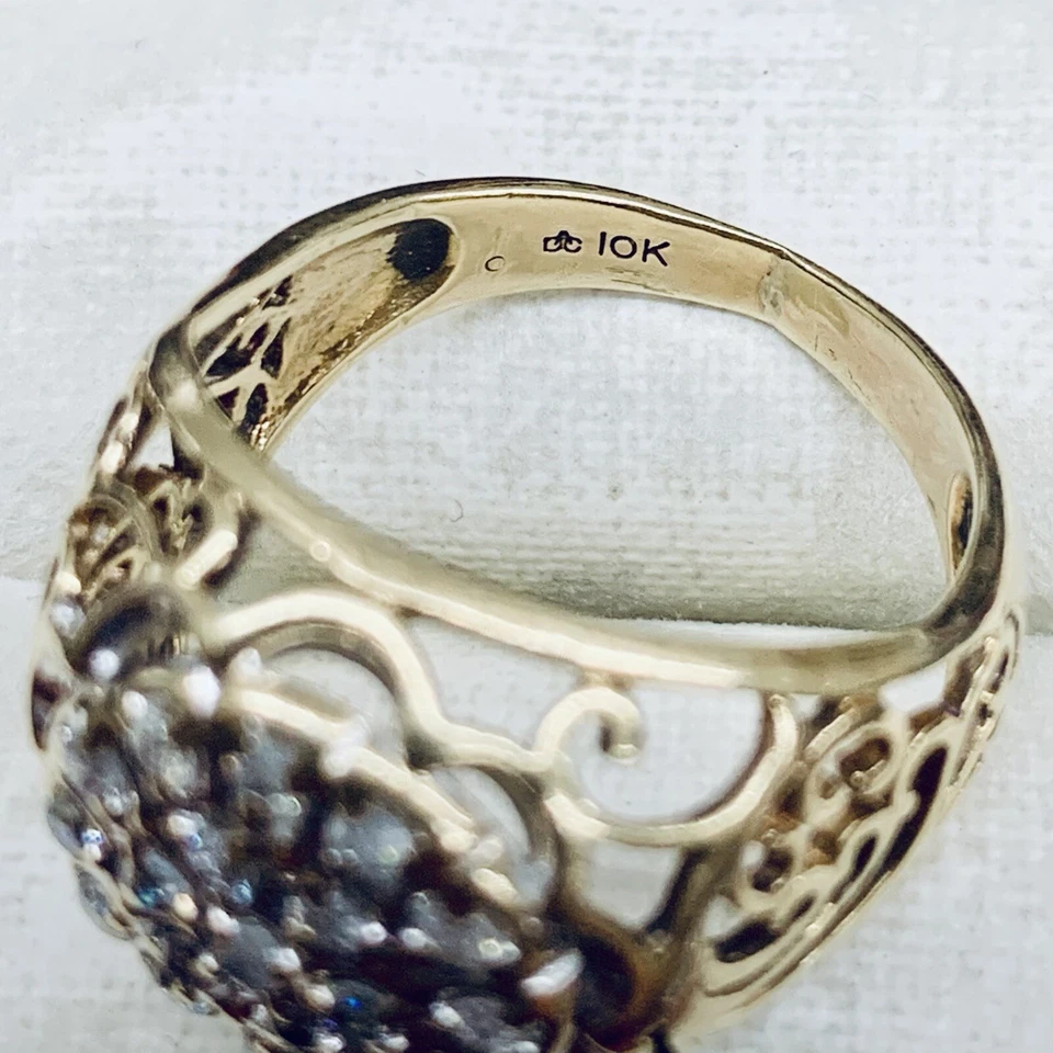 0.10 Ct 10k Yellow Gold Diamond Cluster Flower Filigree Engagement Ring Size 7.5 - Image 4 of 4