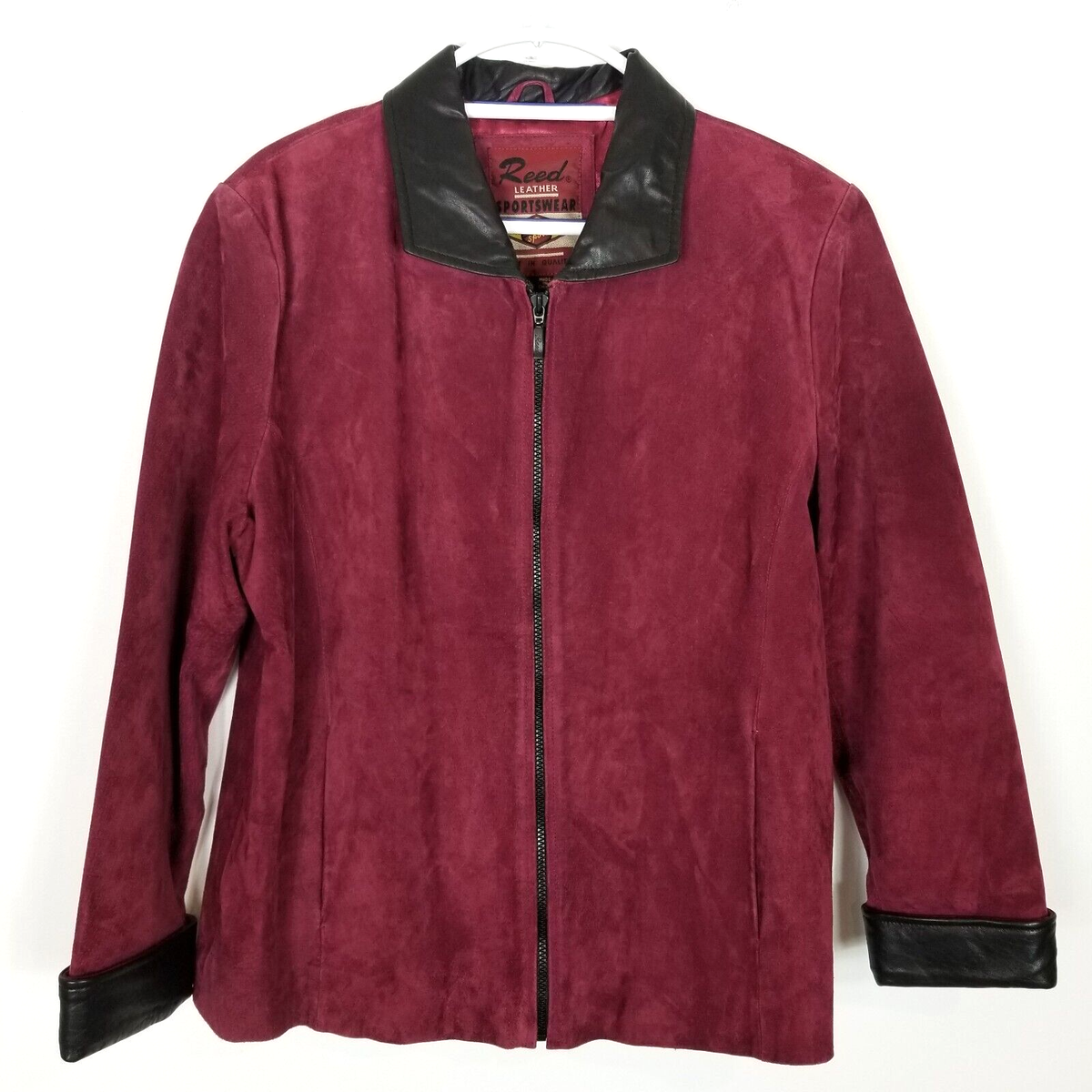 れい Reed Women's Burgundy and Black Suede Genuine Leather Jacket Sz XL