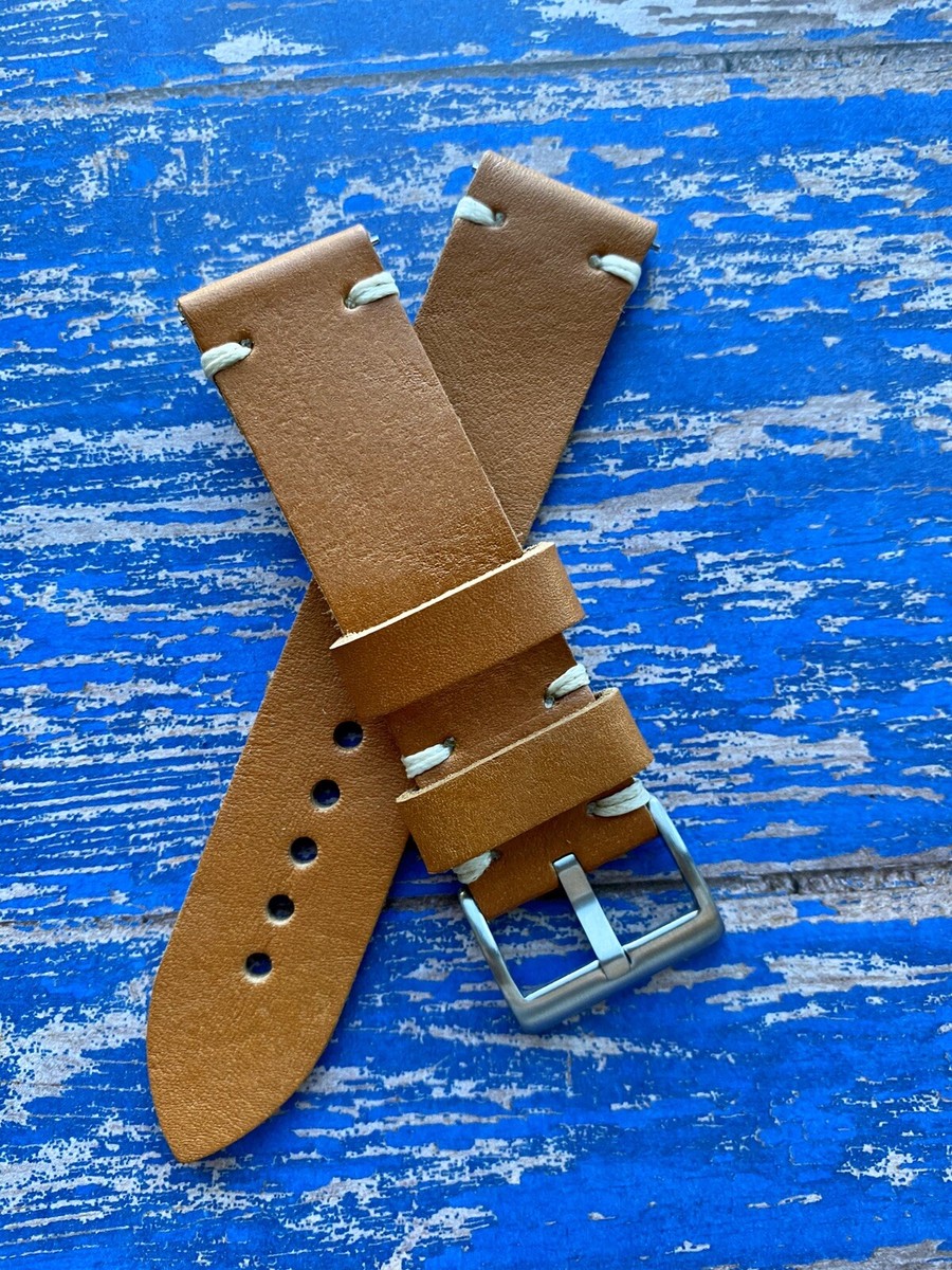 20mm BROWN Crazy Horse Full Grain Leather Watch Straps WHITE