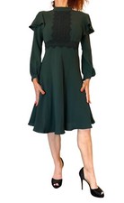RICKIE FREEMAN TERI JON A LINE DRESS GREEN KNIT LONG SLEEVE LACE RUFFLE DETAIL 2