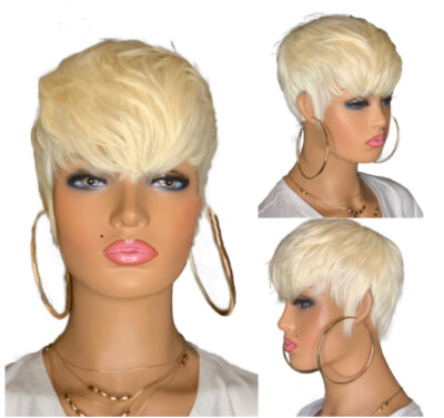 Honey Blonde Short Bob Pixie Cut Human Hair Wig None Lace for Women Daily Use 