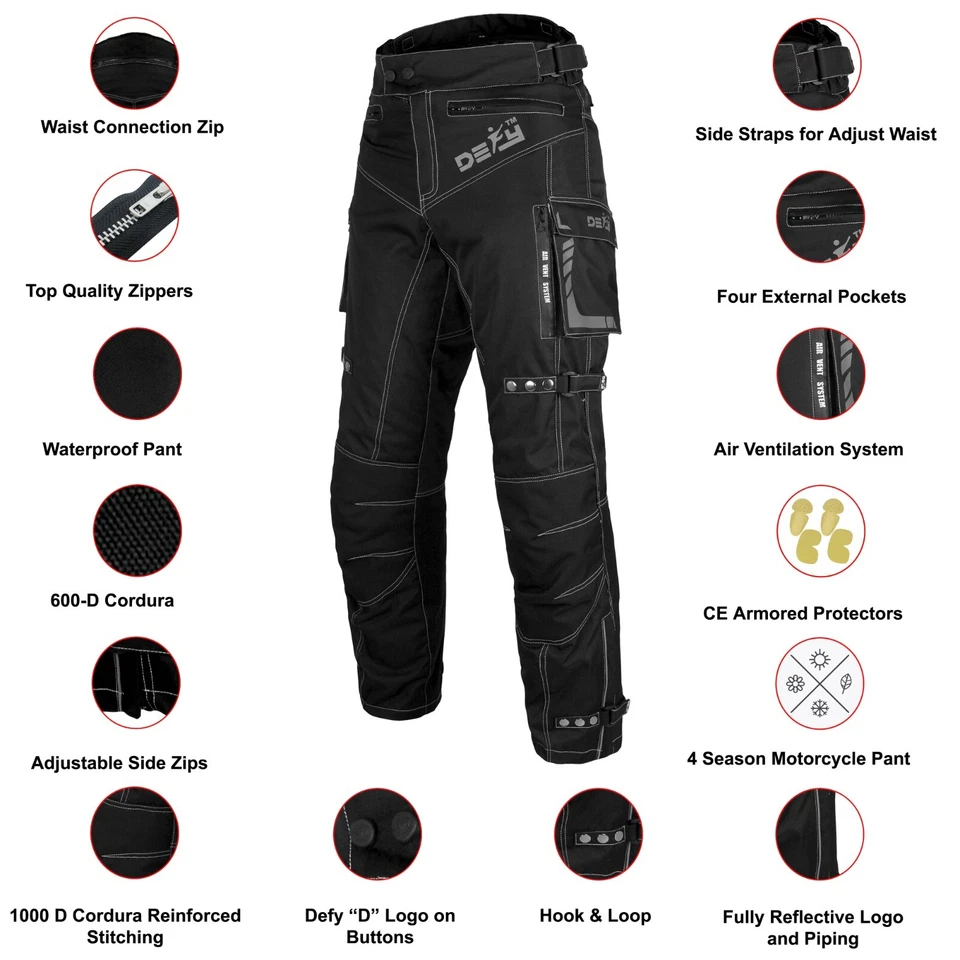 DEFY Motorcycle Pants for Men Water Resistant Dual Sport CE Armor Cordura Fabric - Image 2 of 4