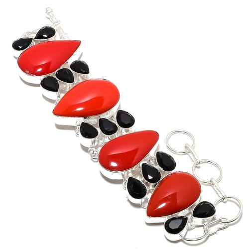 Coral, Black Onyx Gemstone Handmade Bracelet 925 Sterling Silver Bracelet 7-8"