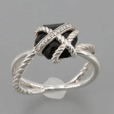David Yurman Petite Sterling Silver Black Onyx & Diamond Cable Wrap Ring Size 7