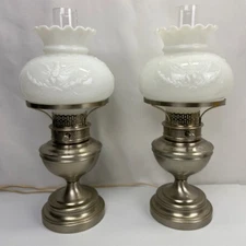 Vintage Nickel & Opal Milk Glass w/Eagles Hurricane Style Electric Table Lamps