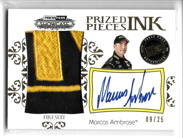 2012 Presseausweis Schaukasten Marcos Ambrose Gold wertvolle Stücke Feuerwehranzug Auto #9/25!