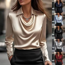 Work Lapel V Neck Ladies SIZE 6~20 Pullover Blouse Tops Satin Silk Tee Shirts OL