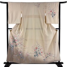 Japanese Silk Houmongi Kimono S 158cm Cream Grass and flowers Partial dyeing 569