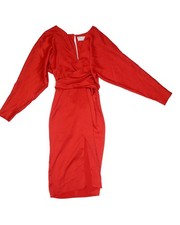 ASOS DESIGN Dress Womens 6 Red V Neck Long Sleeve Wrap Satin Midi Pencil Belted