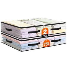 2 Pack Under Bed Storage Bags 75L Foldable Clear Containers Zippers Box