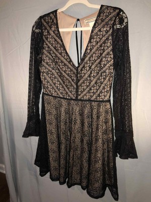 Flying Tomato Black Whimsical Goth Dress Black Lace Over Tan Slip sz L Fairycore