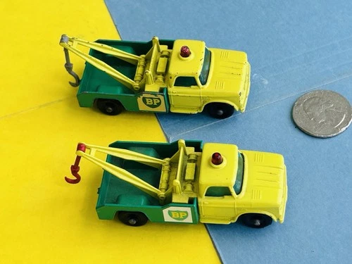 2-vtg MATCHBOX LESNEY BP DODGE WRECK TOW TRUCKS #13 with GRAY & RED TOW HOOK SET