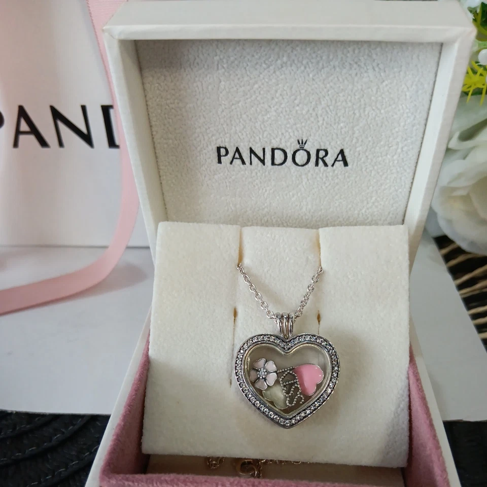 Genuine Pandora Silver Sparkling Heart Floating Locket  & Necklace & Charms 60cm - Image 2 of 4