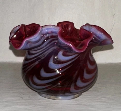 Fenton Cranberry Opalescent Swirled Feather Vase (signed)
