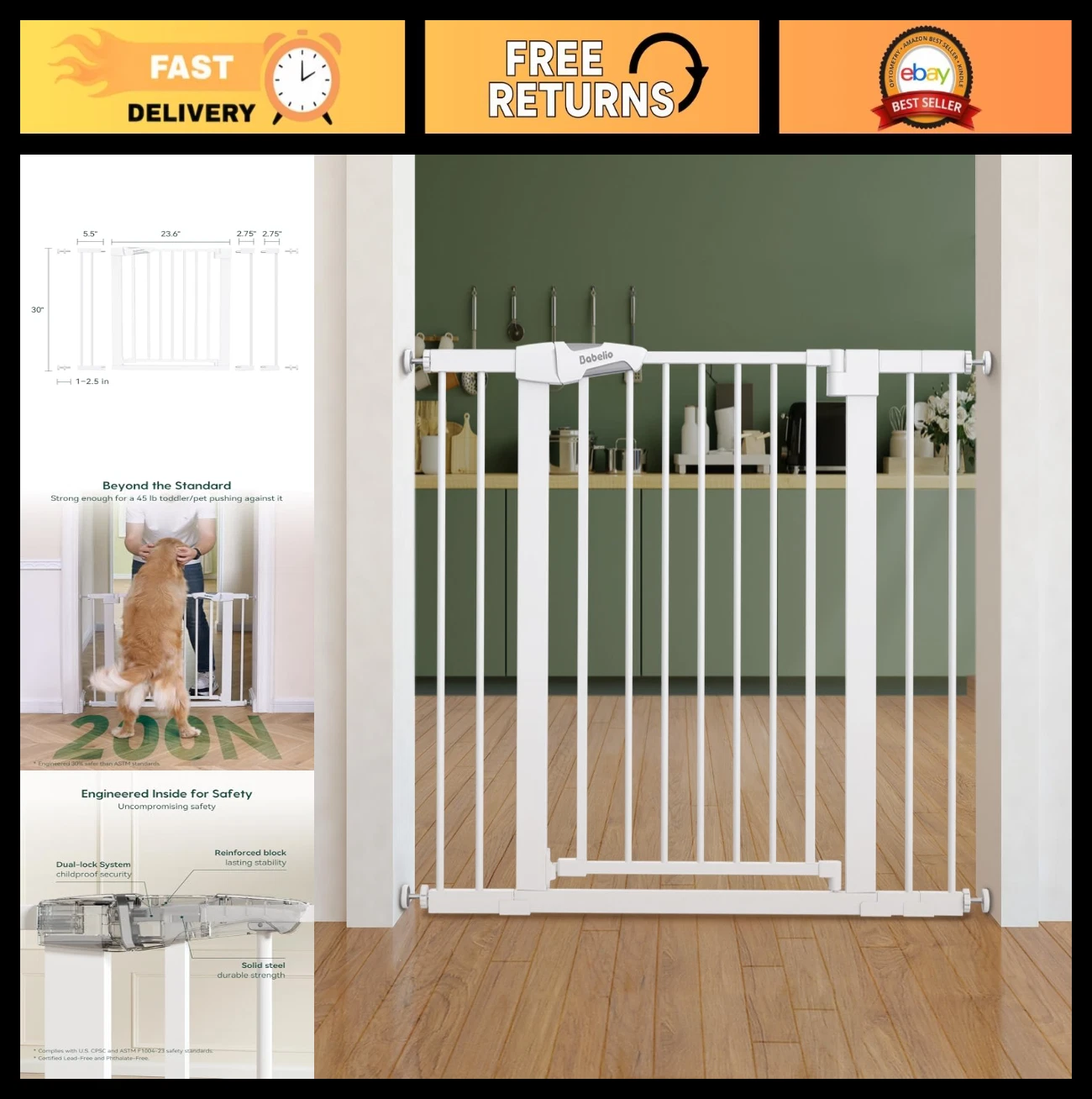 Safety Gate for Stairs & Doorways - Auto Close, Easy Install, No Drilling, 26''-