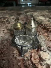 Antique Glass Cruet Condiment Set w/ Caddy