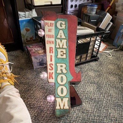 Hobby Lobby Game Room Sign Light MDF Red Teal Beige 'Play At Your Own Risk'