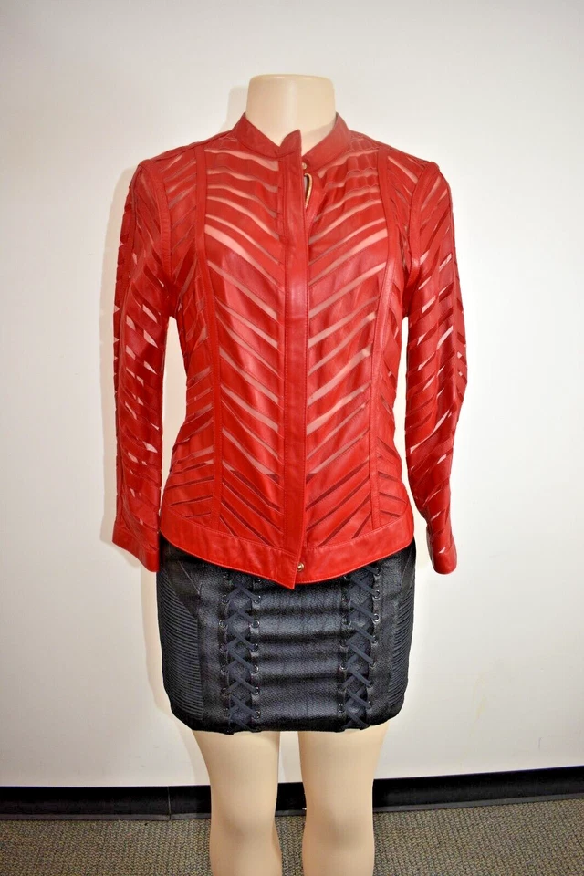 Chaqueta/Ablazer ESCADA Cuero Cordero Rojo Malla Transparente Cremallera Talla 36/4 En Oferta jf Foto 3 de 4