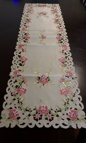 Embroidered Tablecloth Pink Floral Table Runner 15"x52" Table Topper Home Decor - Picture 3 of 3