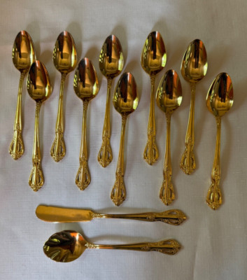 10 Teaspoons Sugar Spoon Butter Knife Excel ALCINDA Gold Electroplate Stainless
