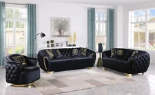 NEW Modern Luxe 3PC Sofa Black Gold Velvet Contemporary Living Room & 9 Pillows