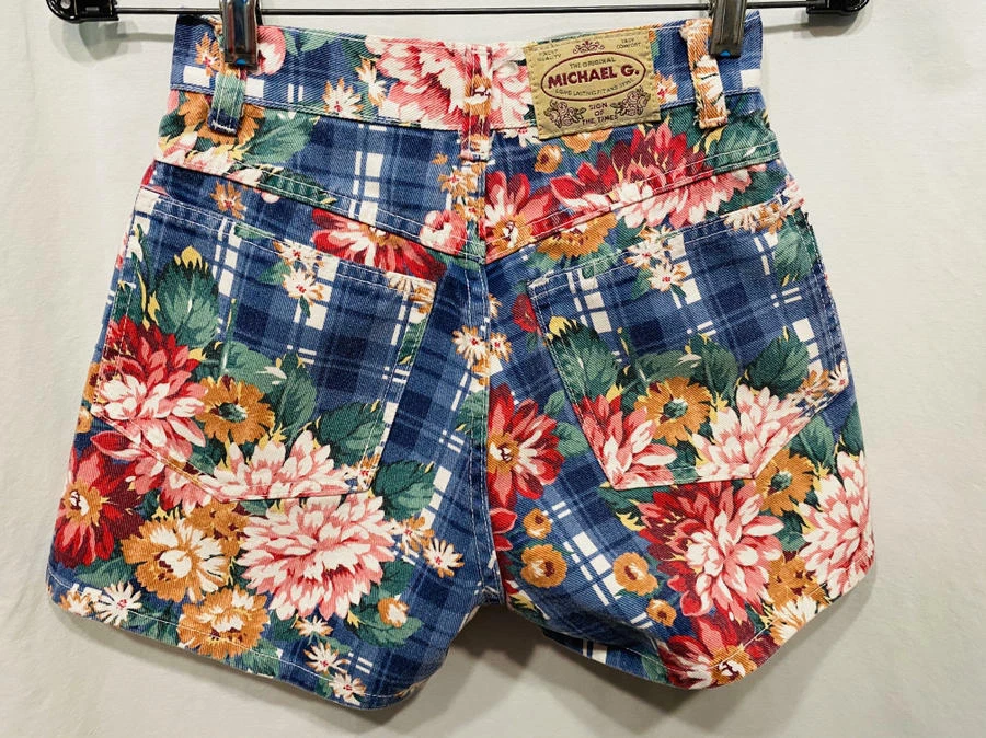 Vtg 80s MICHAEL Denim High Waisted Jean Shorts Navy White Plaid BIG FLOWERS XS S - Image 3 of 4
