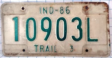 Indiana 1986 Green White Metal Expire License Plate Tag 10903L Trail 3 Trailer