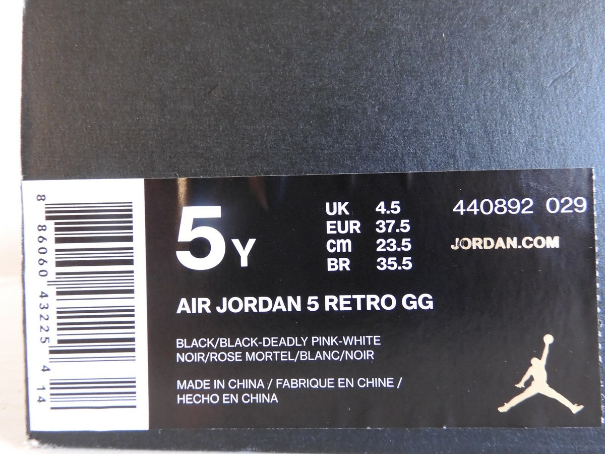 NIKE AIR JORDAN 5 RETRO GG BLACK-DEADLY PINK SZ 5Y-WOMENS SZ 6.5