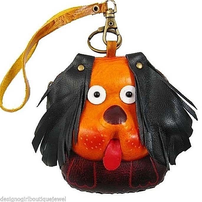 Dog Coin Purse Wristlet Wallet Genuine Leather Brown Collectable Bag Pouch