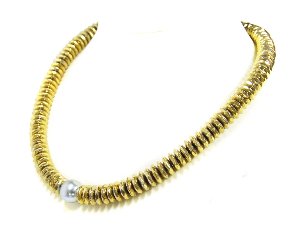 Collar De Hematita En Forma De Botón Facetado Con Una Perla De Núcleo De Concha - Imagen 2 de 2