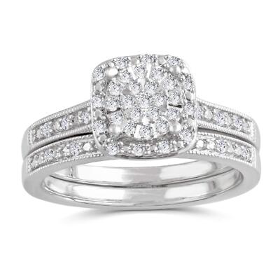 1/4 Karat zusammengesetzter runder Diamant Braut Ring Set in Sterlingsilber, Geschenkbox