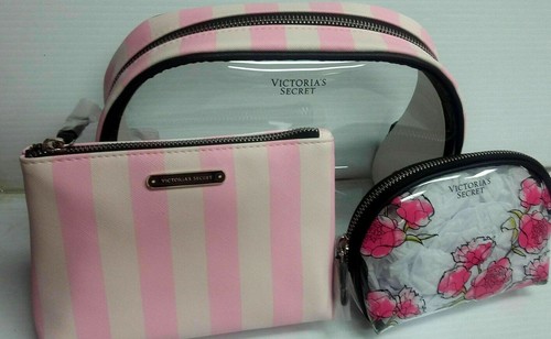 Victorias Secret Pink Striped Floral Cosmetic Makeup Bag Trio 3 Piece Set NWT