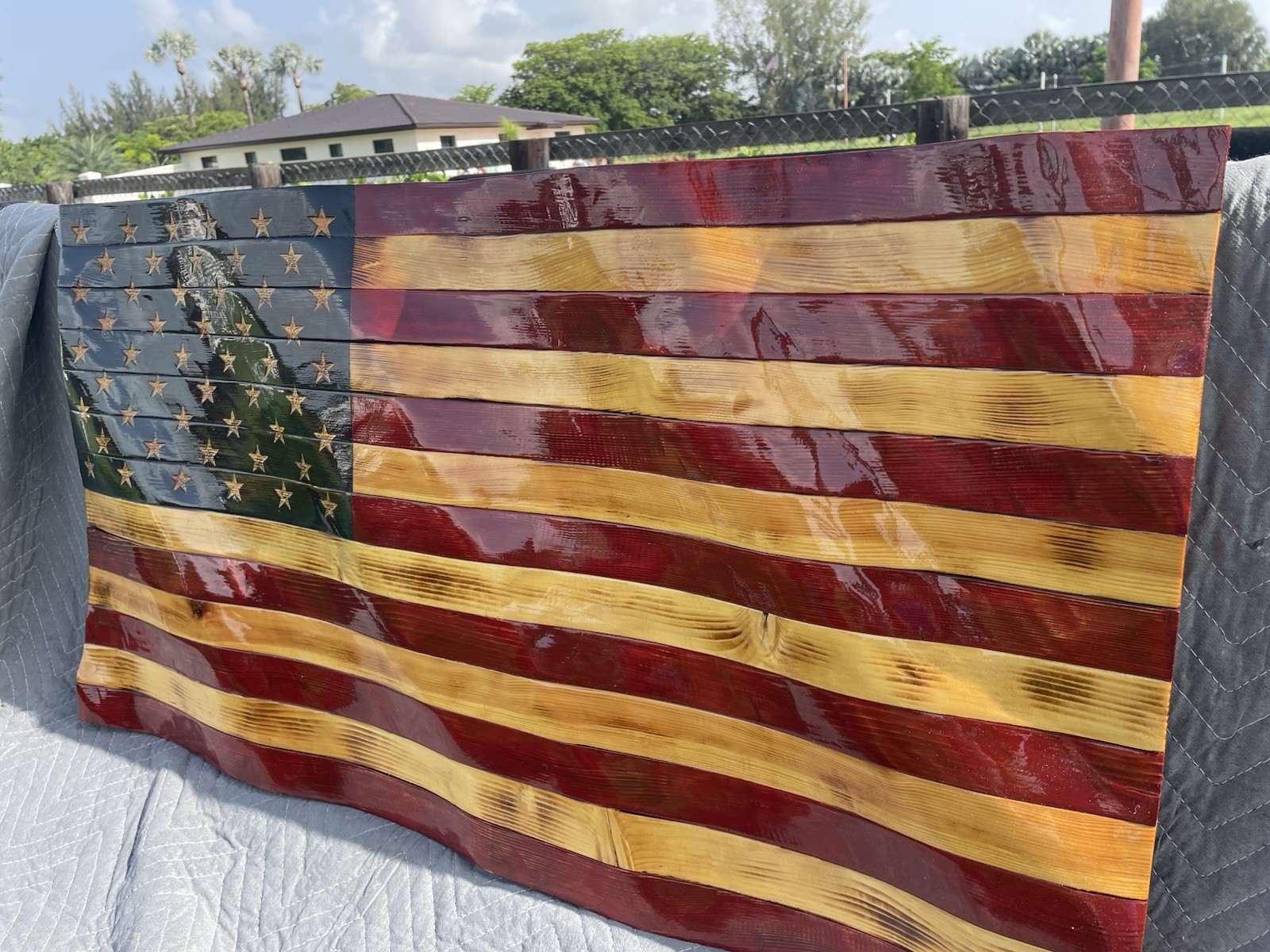 Handcrafted Custom Made Wooden Waved American Flag 20X37