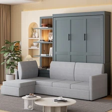 Queen Size Murphy Bed Wall Bed with Sofa and Shelves,Gray