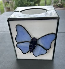 Vintage Stained Glass Tissue Box Cover Leaded Cube White with Blue Butterfly