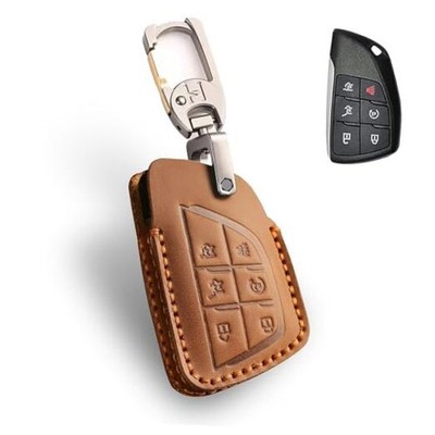 Leather Key Fob Cover for Chevy, Retro Smart Fob Protection 6 Buttons Brown