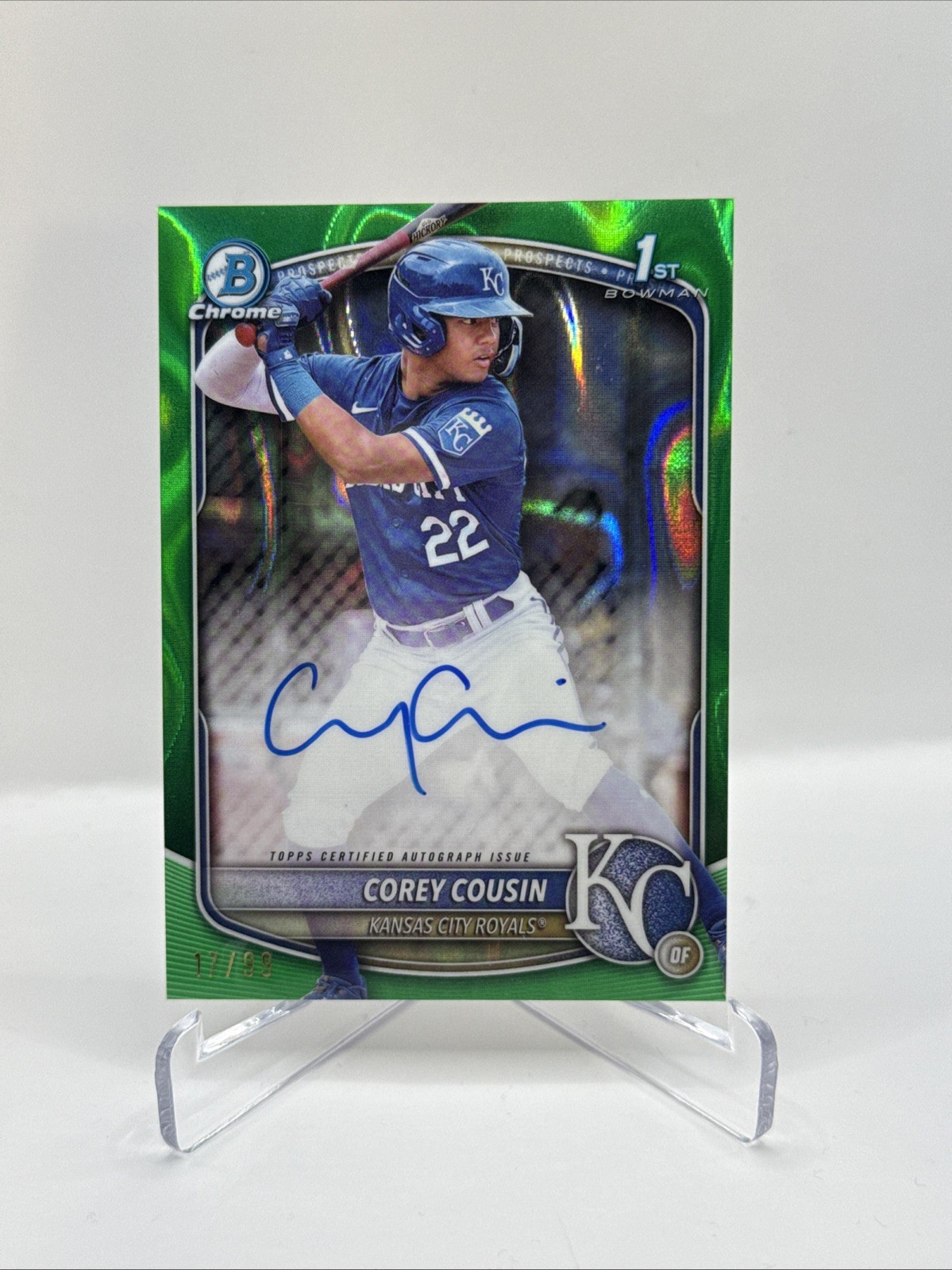 COREY COUSIN 2025 BOWMAN CHROME 1ST GREEN LAVA REFRACTOR AUTO /99 Kansas City