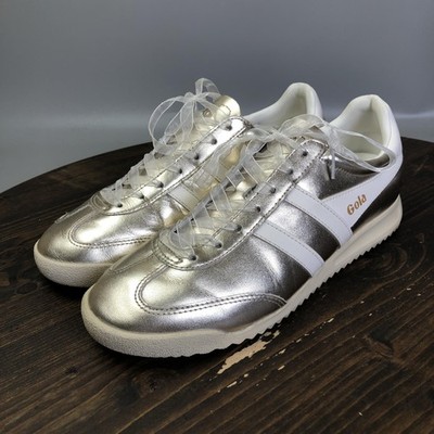 Gola Torpedo Metallic Shoes Womens Size 9 Silver Leather Sneakers CLB723