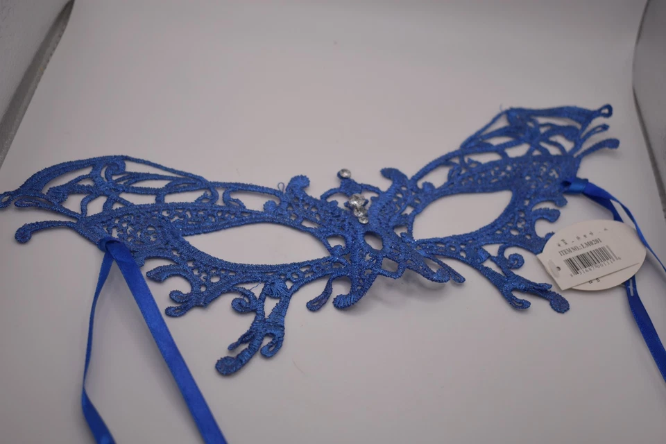 Royal Blue Venetian Lace Masquerade Mask with Rhinestones & Ribbon Ties 551 - Image 3 of 3