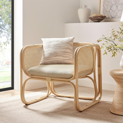 Natural Rattan Accent Armchair - Curved Lounge Chair with Cushioned Seat