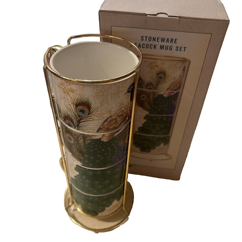 Peacock Stackable Stoneware Mugs 4-Piece w/ Stand from Cracker Barrel Boxed