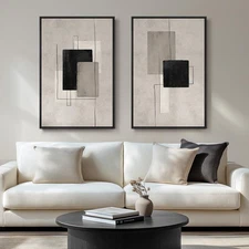 Large Framed Neutral Abstract Wall Art for Living Room, Set of 2 Black and Be...