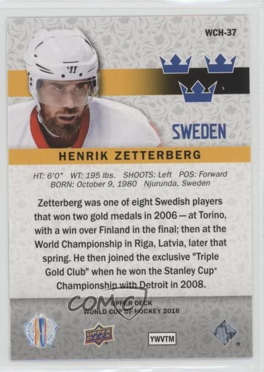 2016 Upper Deck World Cup of Hockey Henrik Zetterberg #WCH-37 - Image 2 of 2