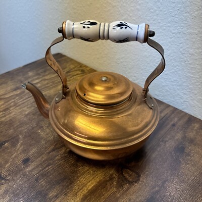 Vtg Copper Gooseneck Kettle Teapot Ceramic Handle Benjamin & Medwin Inc.  9'x9'