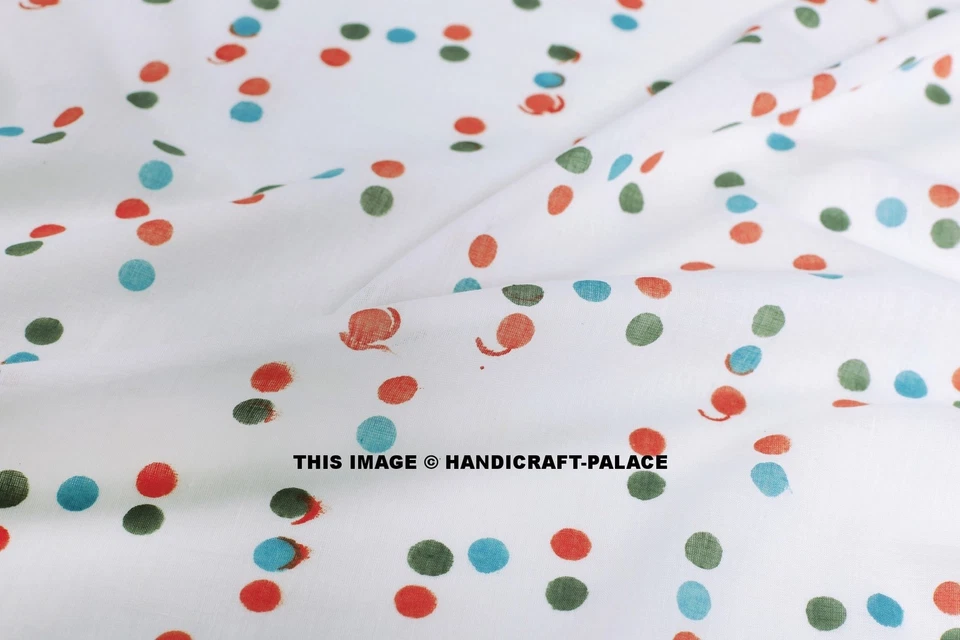 5/10 Yards Indian Hand Block Print Fabric 100 % Cotton White Polka Print Fabric - Image 3 of 3