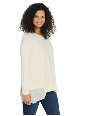 ス❣️logo knit tops ivory LOGO by Lori Goldstein Rayon 230 Knit Ruffle Hem Top on QVC