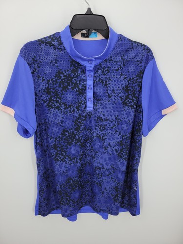 PGA Tour Golf Polo Womens XXL Blue Digital Floral Tab Collar Activewear