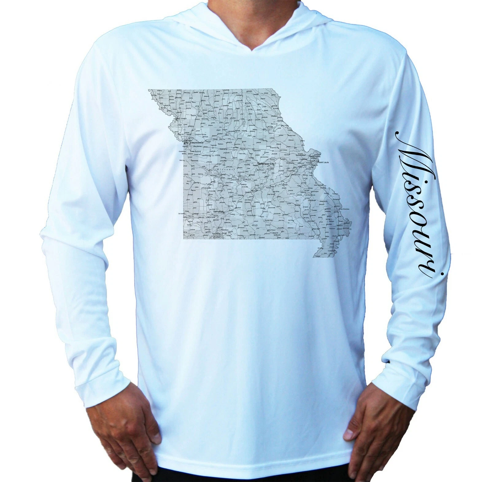 Missouri State Map UV Protected UPF 50 Long Sleeve T-Shirt Hood Fishing Boat