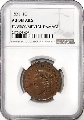 1831 Coronet Matron Head Large Cent NGC AU Details Environmental Damage
